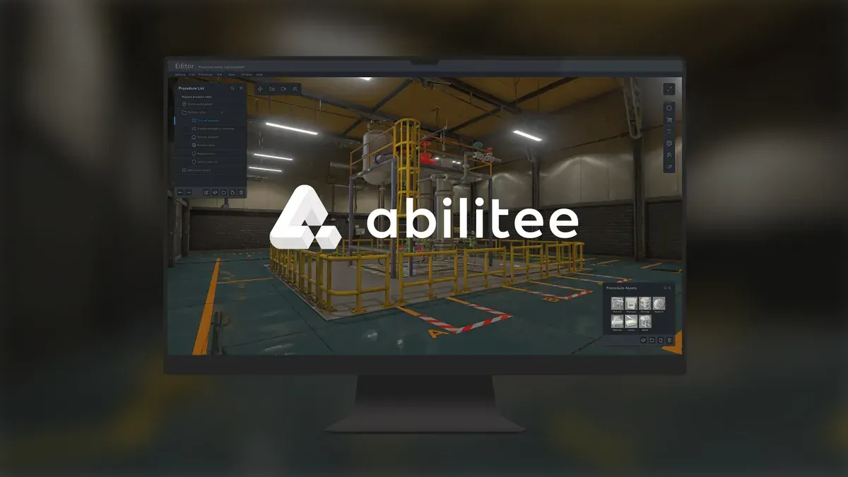 Abilitee branding over a desktop view of the virtual industrial training environment.