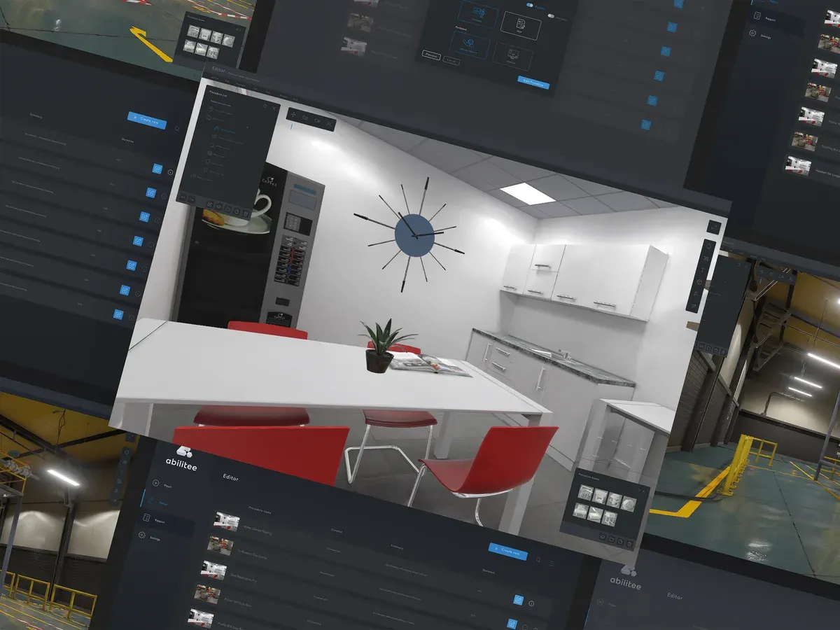 Abilitee editor interfaces and a virtual interior built from 3D assets.