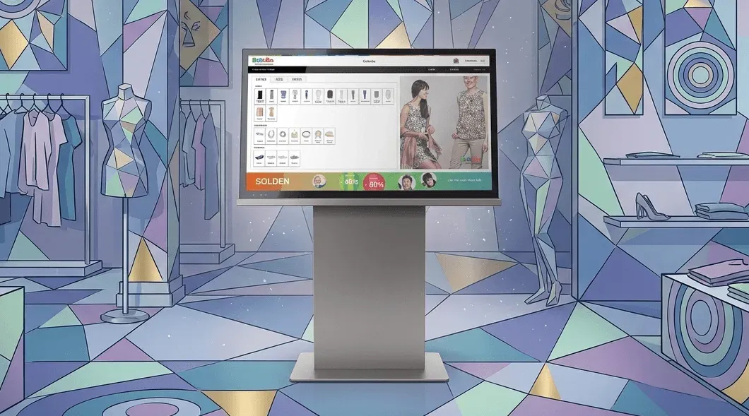 Bel&Bo large-screen shopping kiosk on a pedestal in an illustrated fashion store with blue geometric walls.