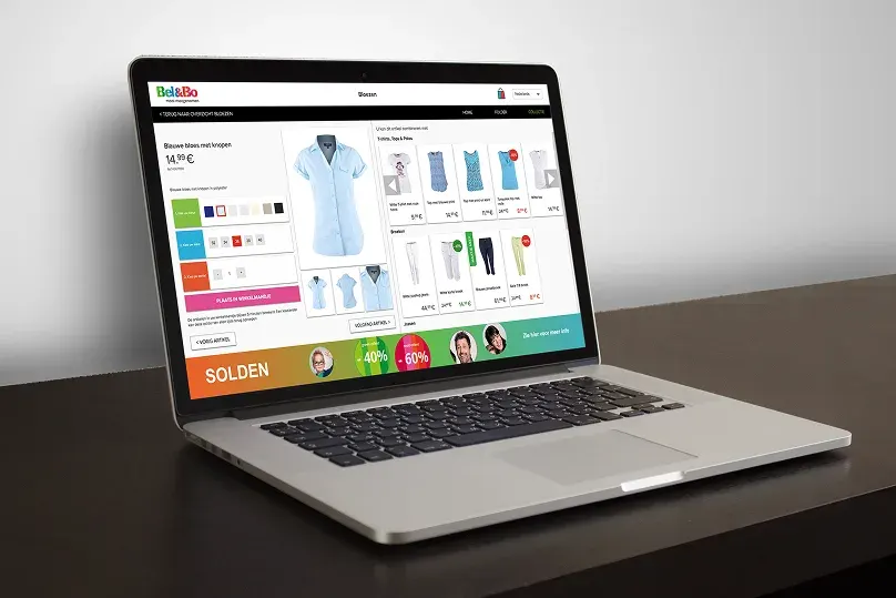 Bel&Bo product selection interface displayed on an angled laptop, showing colour swatches, sizes and clothing options.