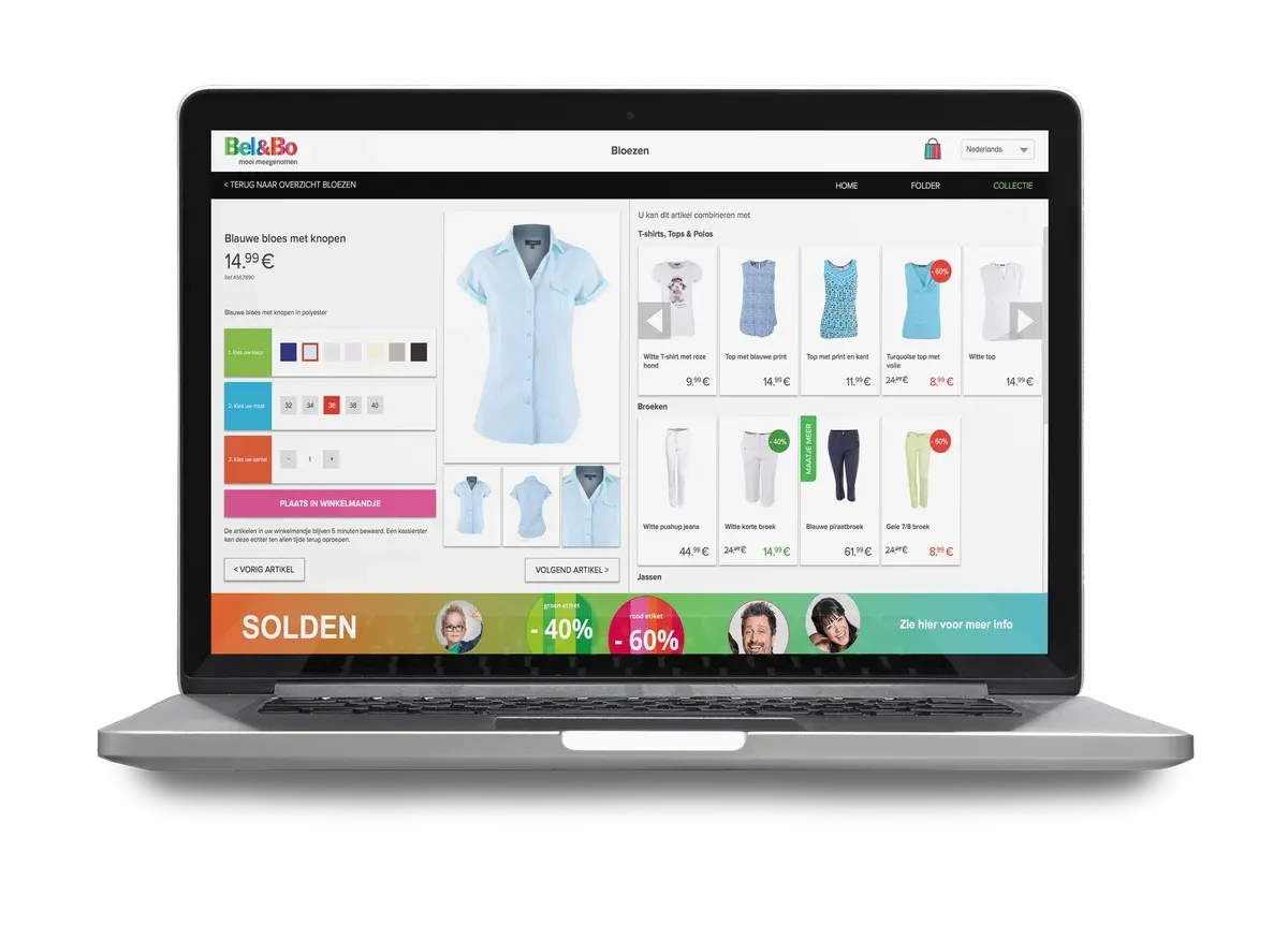 Front view of the Bel&Bo shopping interface on a laptop, with a shirt, colour choices, size selection and related products.