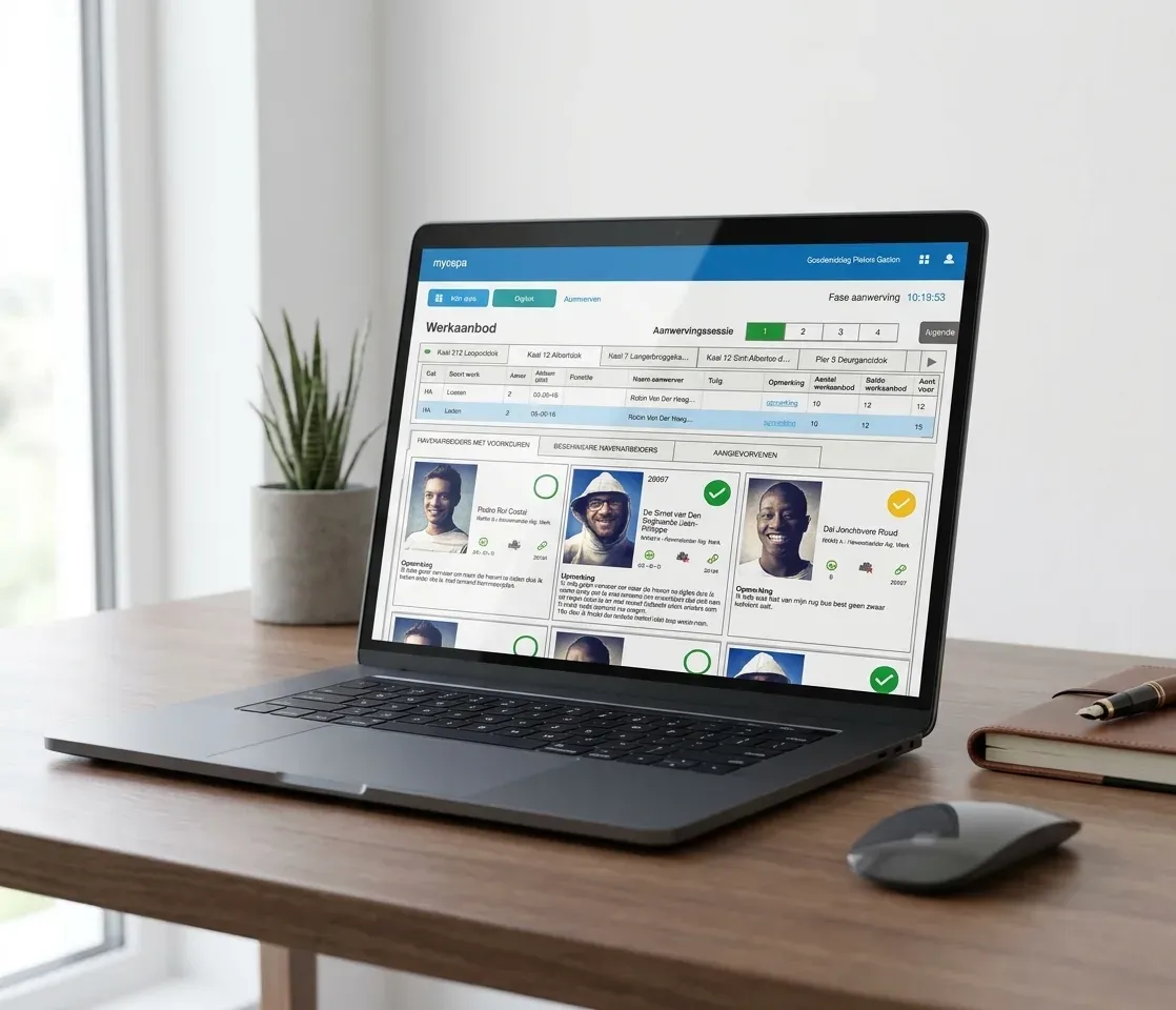 CEPA DigiKot workforce allocation interface on a laptop, showing work tables and dockworker profiles.