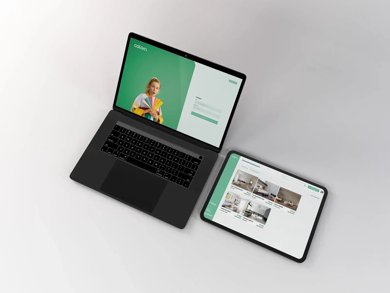 Colora app shown on a laptop with a green login screen and a tablet displaying customer project photos.