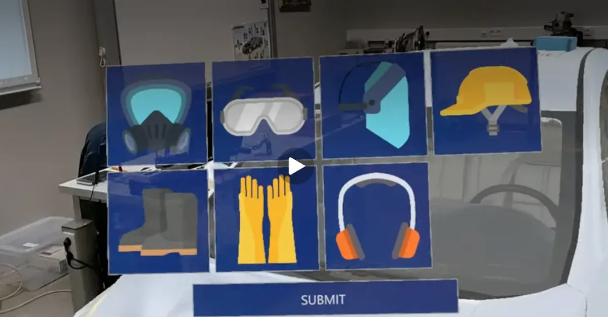 Diagnose Car mixed reality safety-equipment selection interface overlaid on a vehicle, with protective gear icons and a submit button.