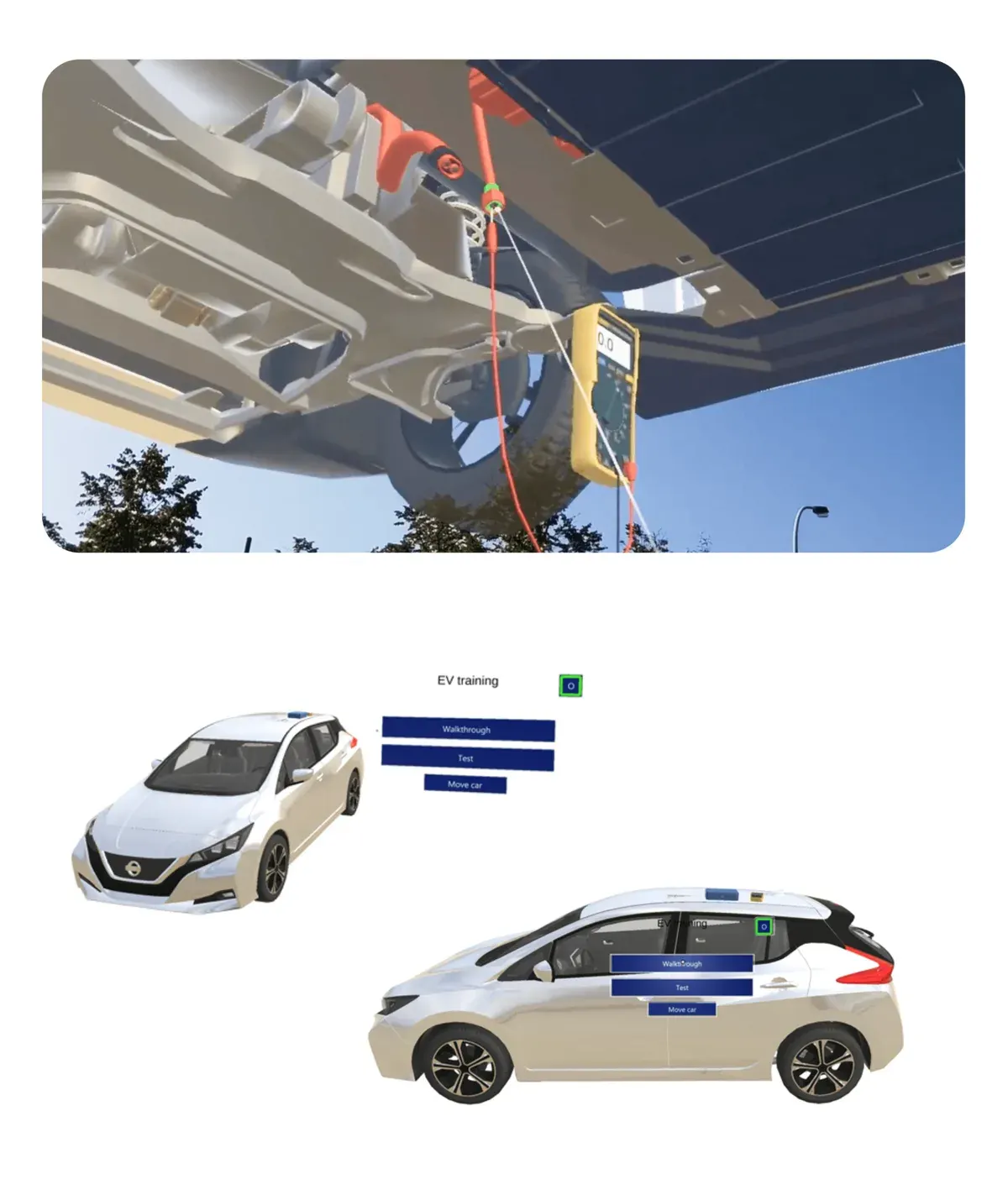 Diagnose Car visual overview showing a vehicle underside and car models with mixed reality interface controls.