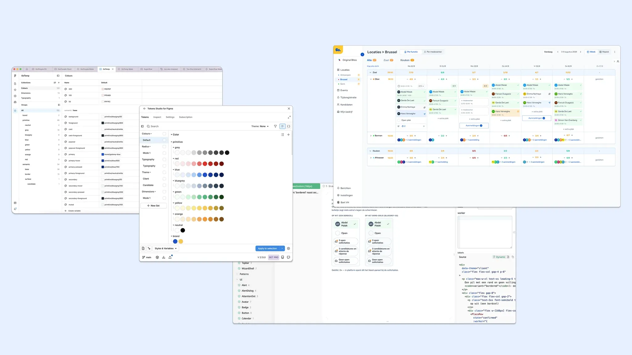 GoTemp planning interface next to the Tokens Studio palette and component code, on a light blue background.