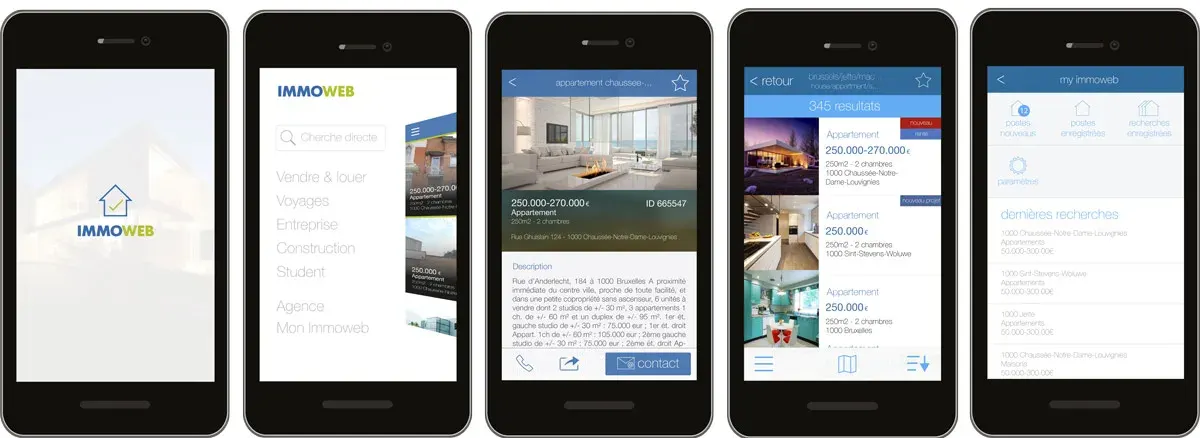 Five Immoweb phone screens showing the welcome screen, navigation menu, property details, search results and saved searches.