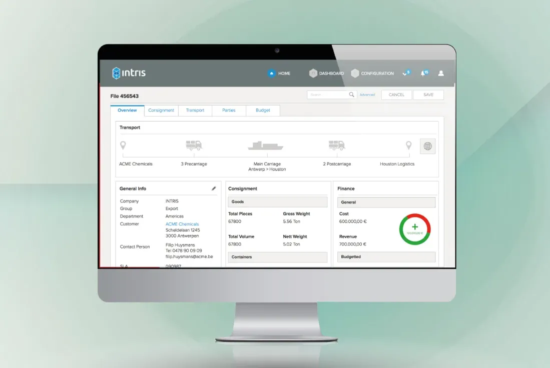 Intris TRIS freight management interface displayed on a desktop monitor against a pale green background.