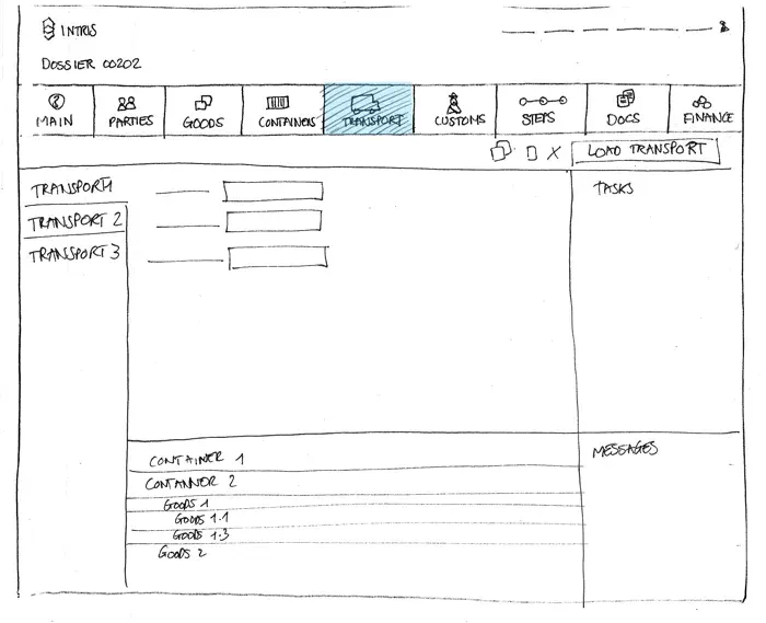 Hand-drawn Intris logistics interface wireframe with navigation tabs, transport entries and data fields.