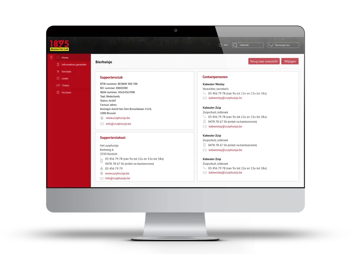 1895 Belgian Fan Club member profile interface displayed on a desktop monitor, with red navigation and personal information panels.