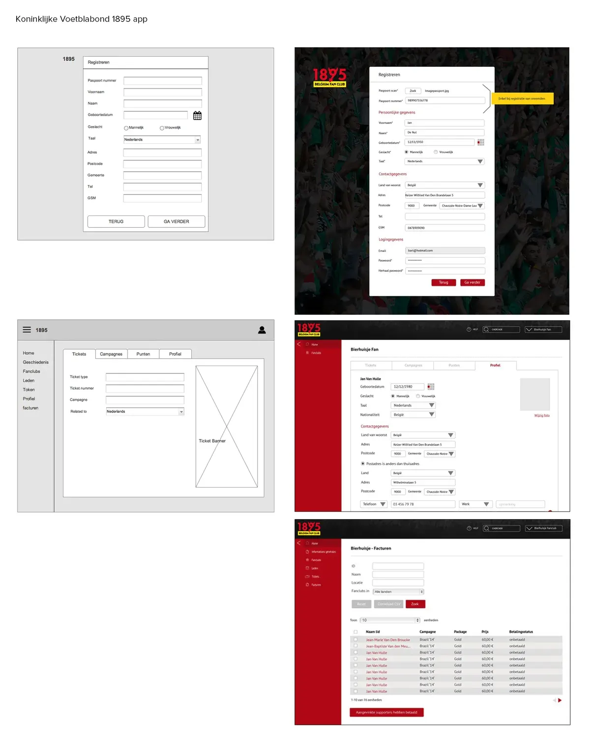 KBVB and 1895 design board comparing registration and member-management wireframes with final red-and-white interfaces.