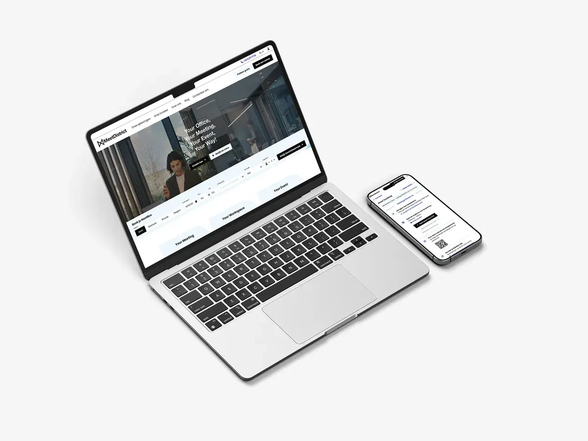 MeetDistrict website displayed on a laptop alongside its mobile interface on a phone.