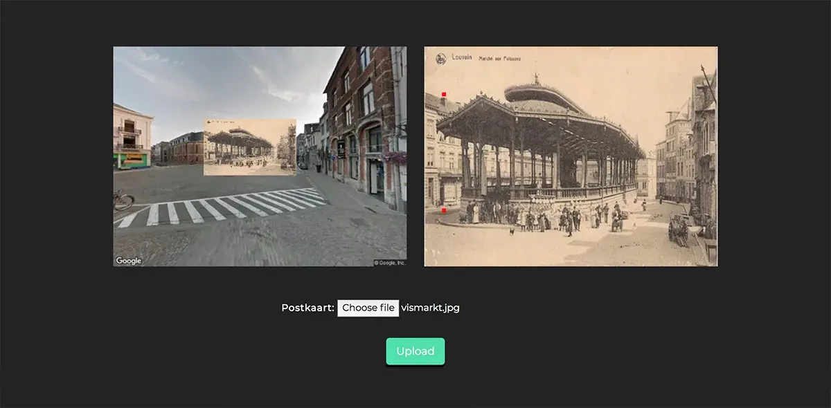 Nostalgeo mapping prototype with a present-day street view beside a historical postcard and an upload control.