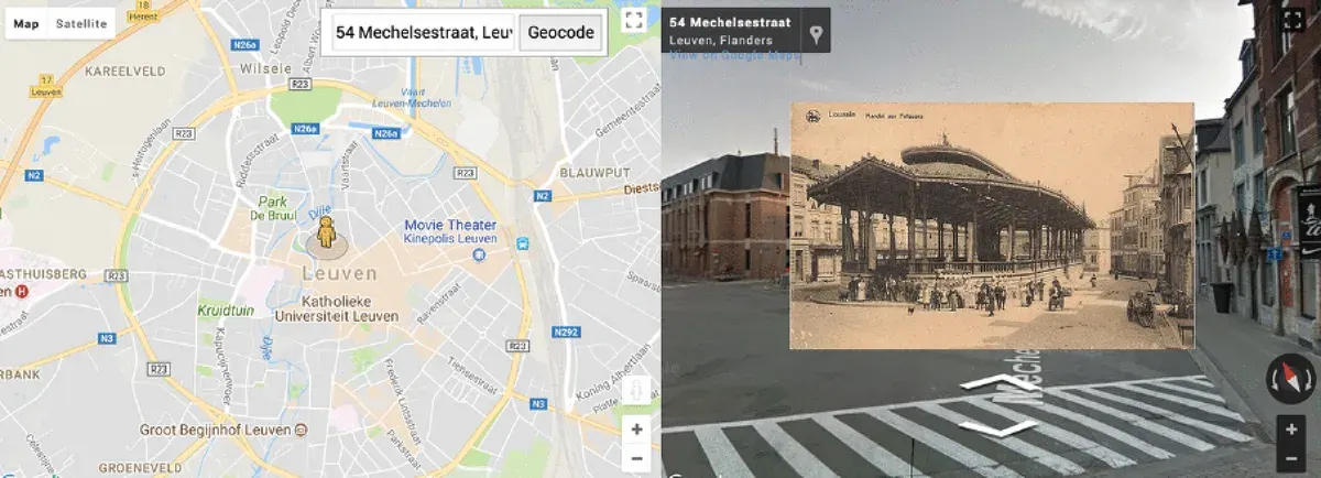 Nostalgeo AR interface on a phone, combining a historical street photograph with the modern buildings behind it.