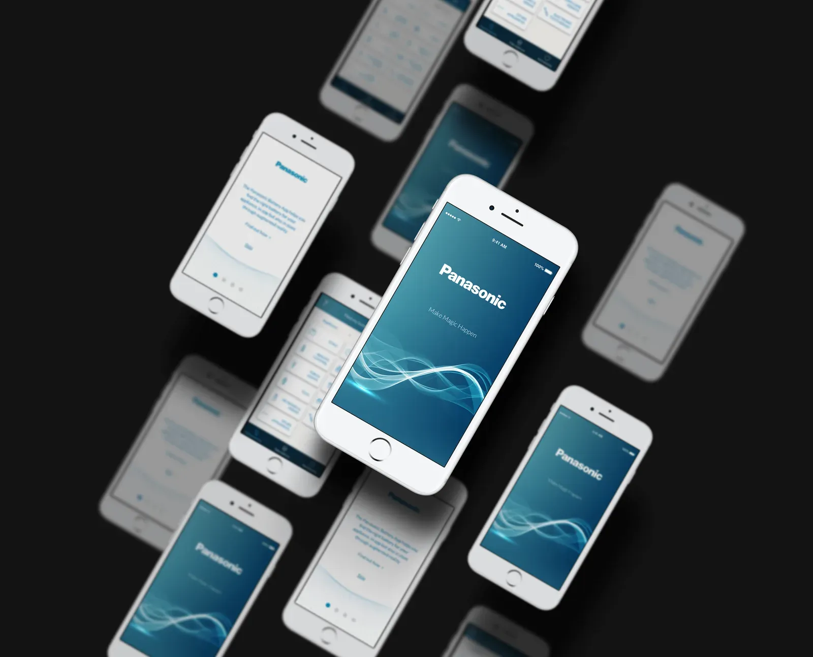 Panasonic Battery App screens on multiple phones arranged diagonally against a dark background.