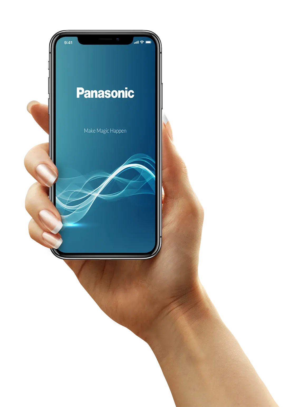 A hand holding a phone displaying the blue Panasonic Battery App welcome screen.