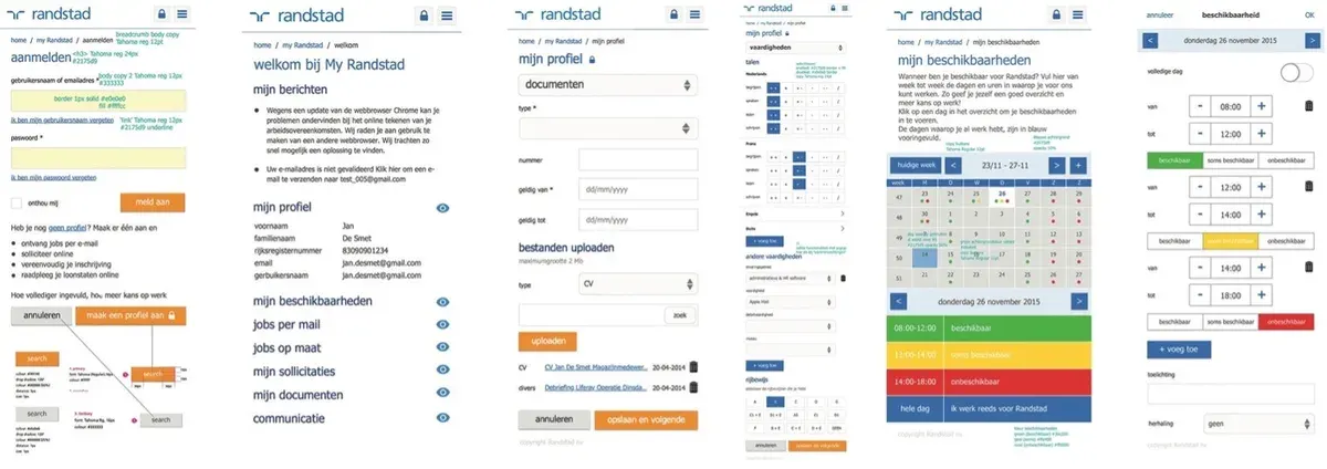 Randstad mobile application interface designs showing registration forms, profile details, inputs and validation states.