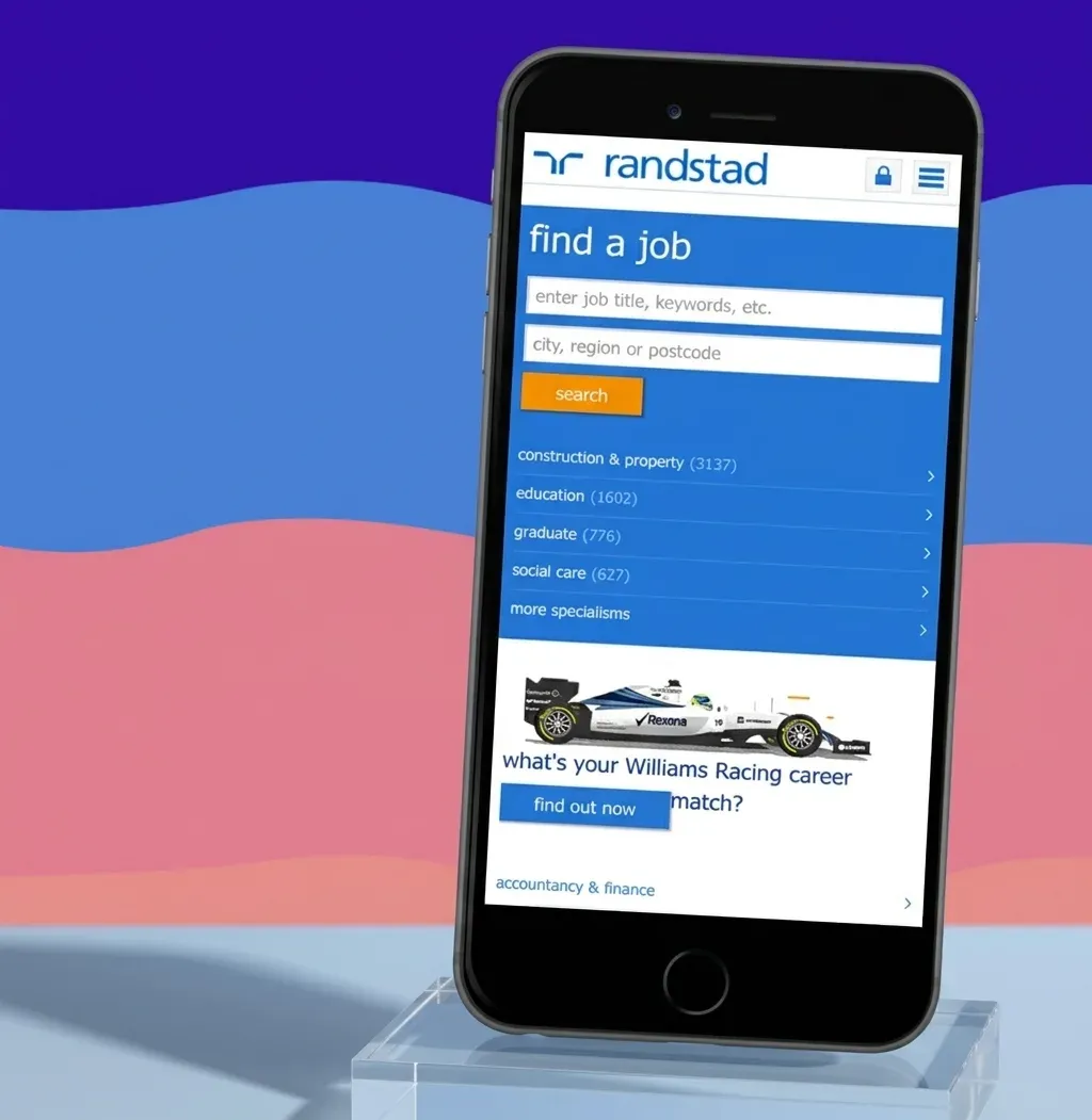 Randstad mobile job-search website on a phone against a purple, blue and pink background.