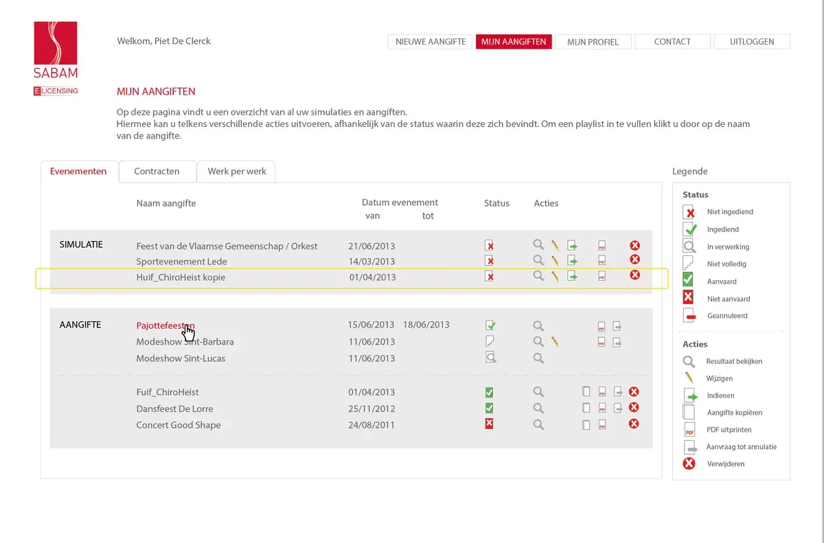 Annotated Sabam eLicensing overview listing declarations with dates, statuses and available actions.