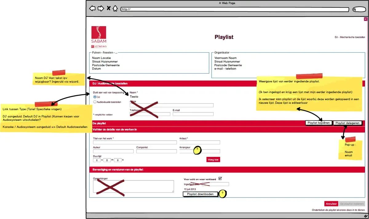 Annotated Sabam declaration wireframe with form sections and notes for improving the user flow.