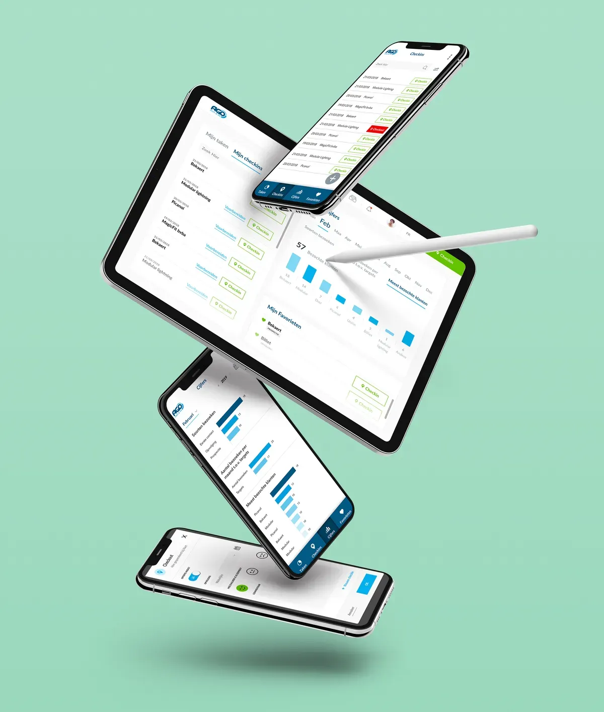 SalesBuddy client lists, visit forms and dashboards on smartphones and a tablet against a mint-green background.