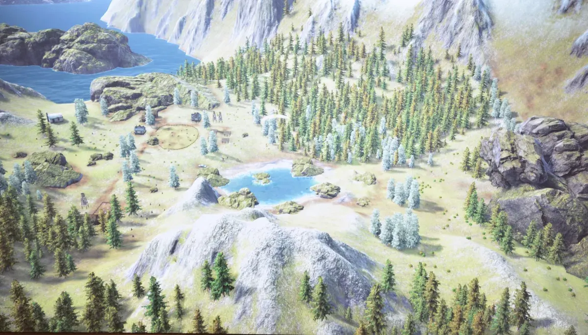 Virtual mountain landscape with a lake, forests and rocky peaks for the paragliding experience.