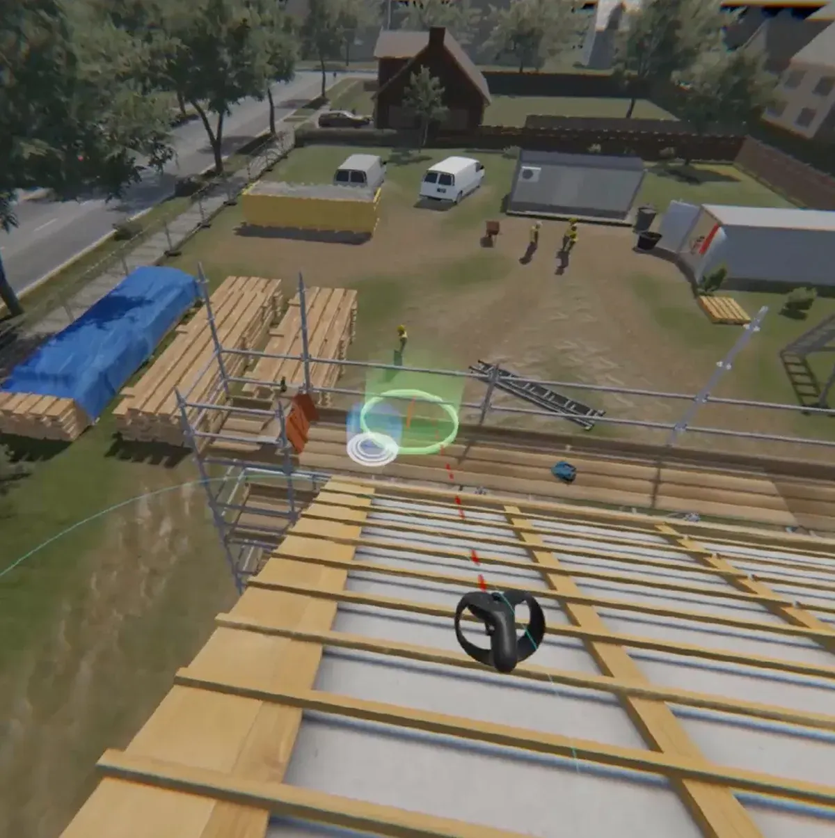 First-person view of a VDAB roof-tiling task overlooking a virtual construction site.