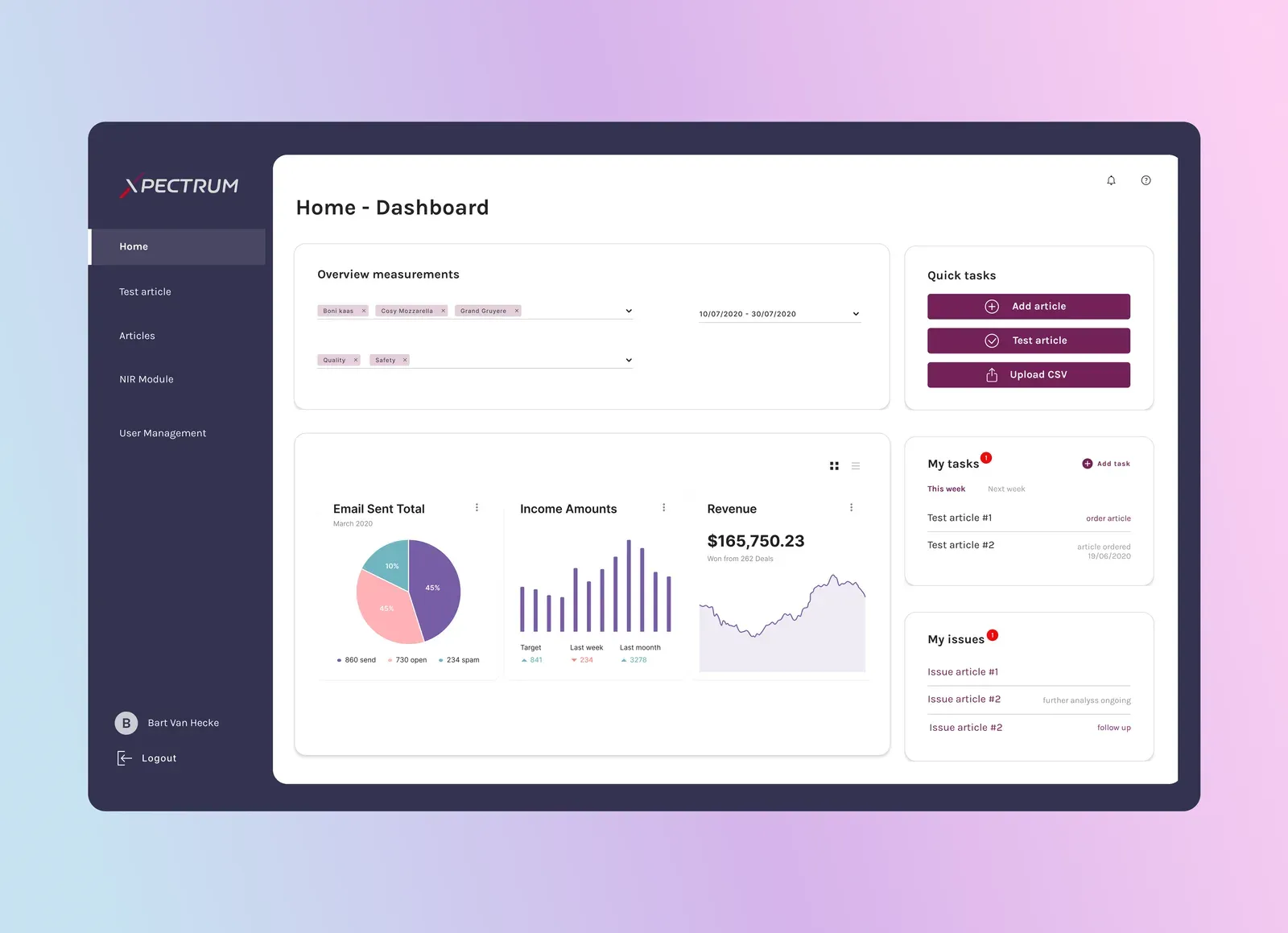 Xpectrum dashboard interface with measurement summaries, charts and quick actions against a pastel gradient background.