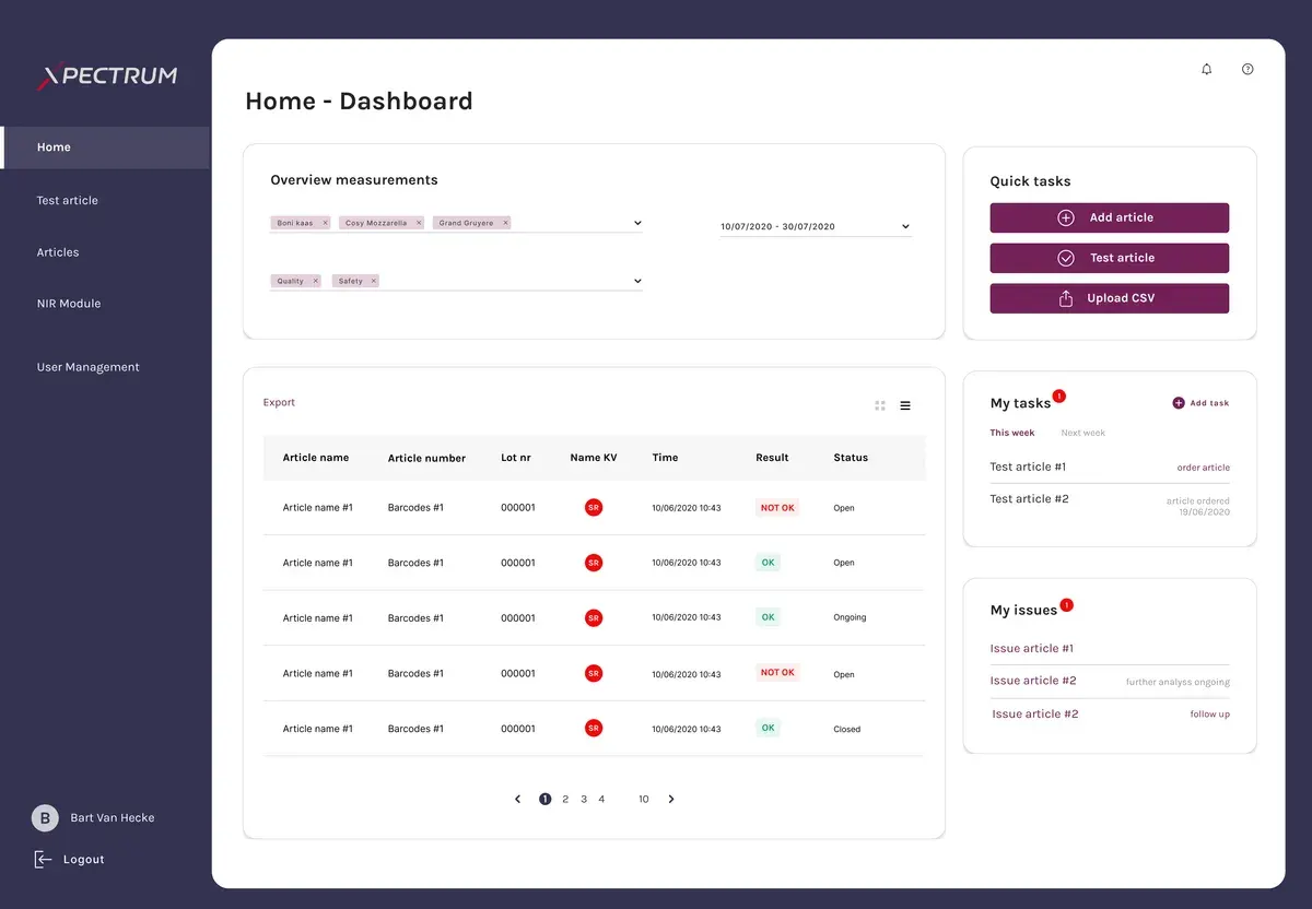 Xpectrum dashboard variant showing a table of measurements, results and sample statuses.